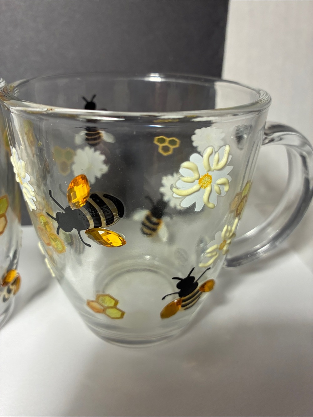 BUMBLE BEE Glass Mugs with Yellow Bee and White Flower Design - Set of 2